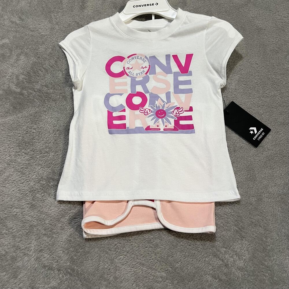 Converse Shirt Shorts Set Girls 6X White Pink All Star 2 Piece Graphic Outfit